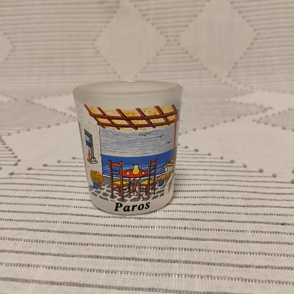 Paros Greek Island Frosted Souvenir Shot Glass Cafe Setting Scene
